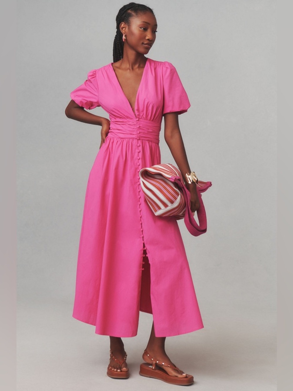 Anthropologie Katerina Button-Front V-Neck Midi Dress